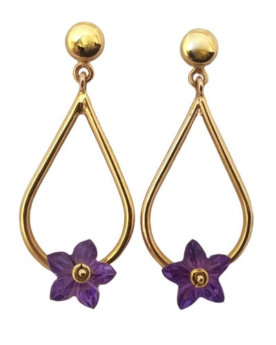 Boucles D'oreilles Créoles Fleur Améthyste - Plaqué Or Jaune 750/000 - Neuf