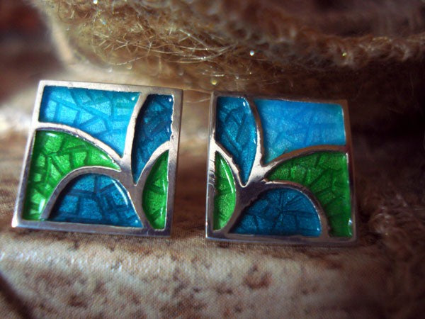 Boucles d'oreilles carrées Gaudi argent massif émaux verts
