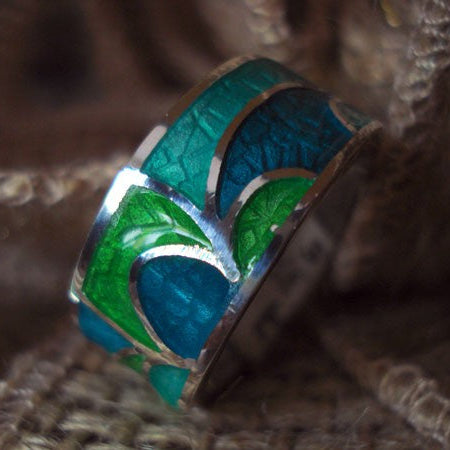 Bague Gaudi argent massif émaux verts