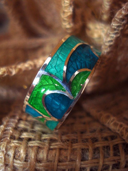Bague Gaudi argent massif émaux verts