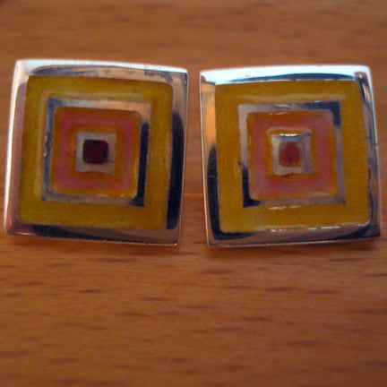 Boucles d'oreilles carrées argent émaux jaune et orange Arior