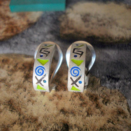 Matte sterling silver earrings with colored enamel