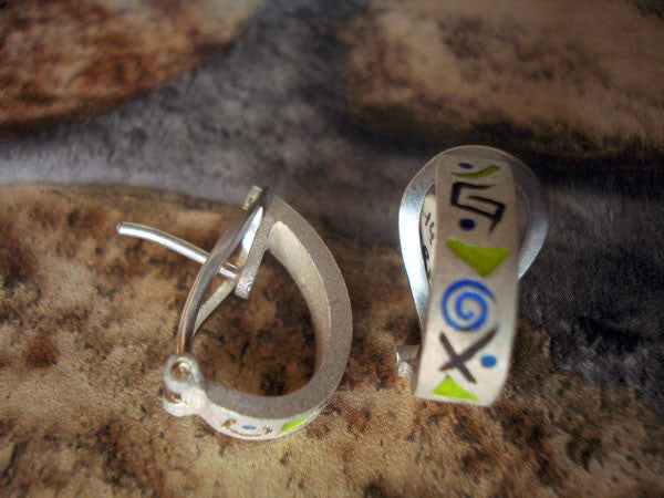 Matte sterling silver earrings with colored enamel