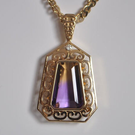 Grand pendentif amétrin trapèze diamant or jaune 750