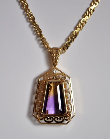 Grand pendentif amétrin trapèze diamant or jaune 750