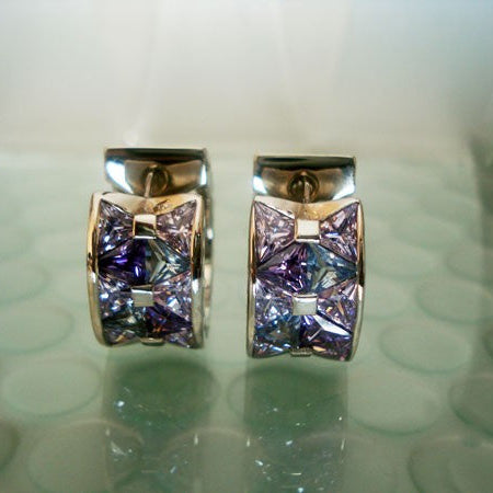 Boucles d'oreilles argent massif zirconiums roses et mauves