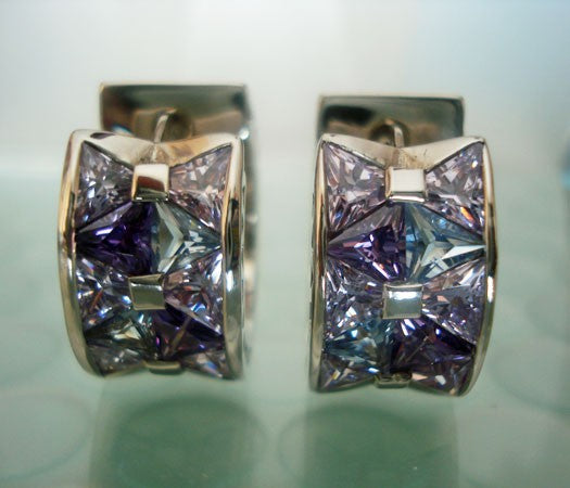 Boucles d'oreilles argent massif zirconiums roses et mauves