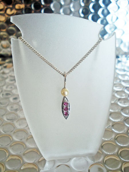 Pendentif vintage perle zircons roses argent massif