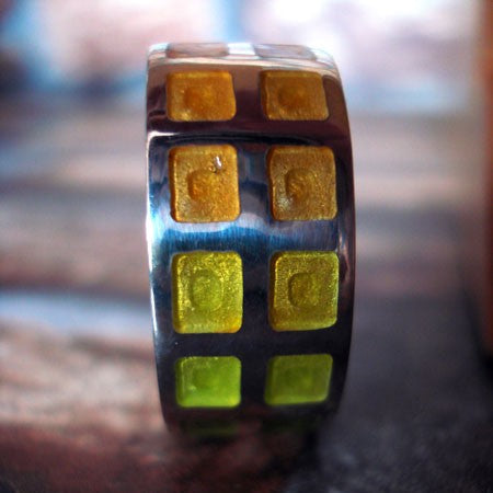 Bague mixte émaux ambre-vert-jaune argent Arior