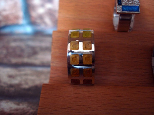 Bague mixte émaux ambre-vert-jaune argent Arior