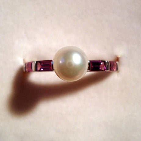 Bague perle de culture rhodolites or blanc 750