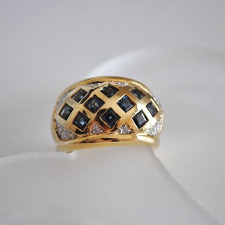 Bague jonc large saphirs carrés diamants or jaune 750