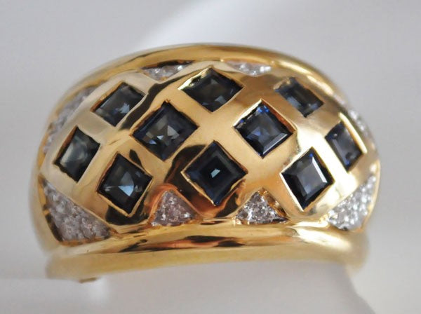 Bague jonc large saphirs carrés diamants or jaune 750