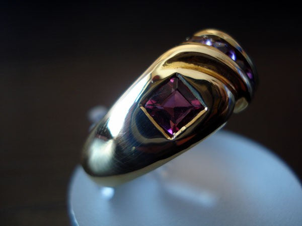 Bague améthystes tourmalines or jaune 750