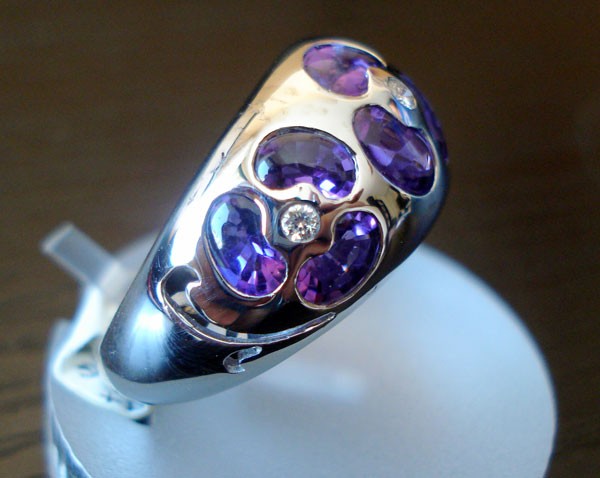 Bague améthystes sulfées diamants or blanc 750