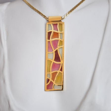 Grand pendentif rectangulaire émaux or jaune 750 Arior