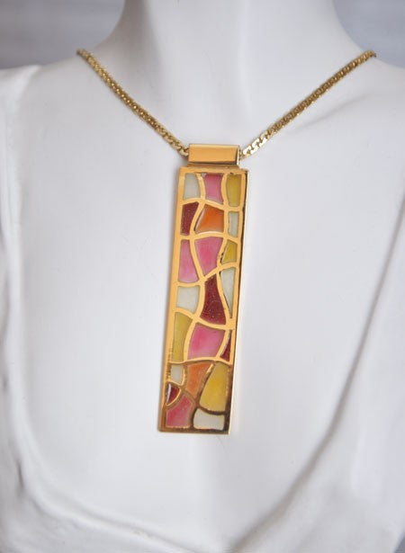 Grand pendentif rectangulaire émaux or jaune 750 Arior