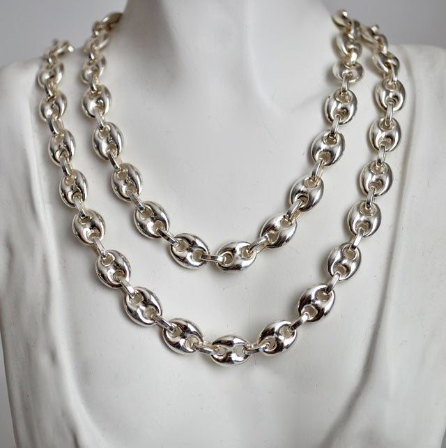 Cadena de plata maciza con forma de grano de café, 7 mm, 60 cm