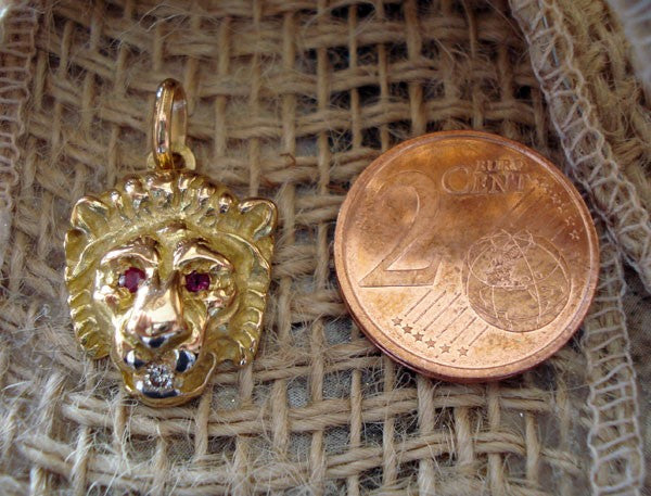 Lucas Lucor Lion Head Pendant with Diamond, Ruby, and 750 Yellow Gold