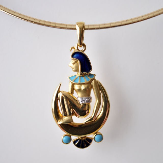 Pendentif égyptien émaux diamants or 750