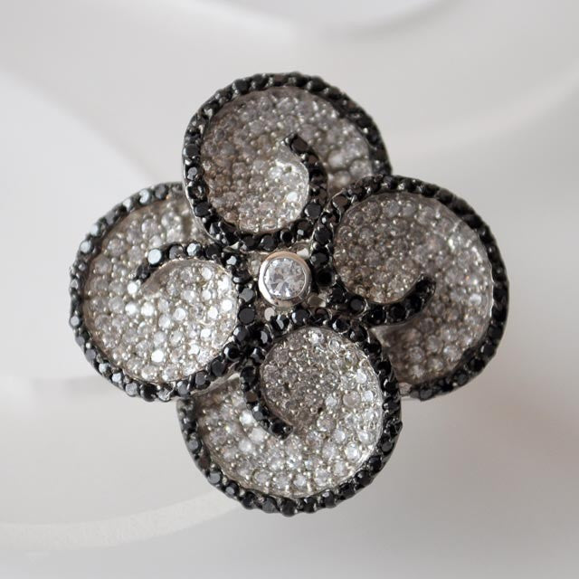 Grande bague zircons blancs noirs argent massif 925