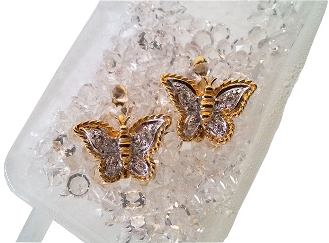 Boucles d'oreilles Papillons zirconiums or 750 bicolore