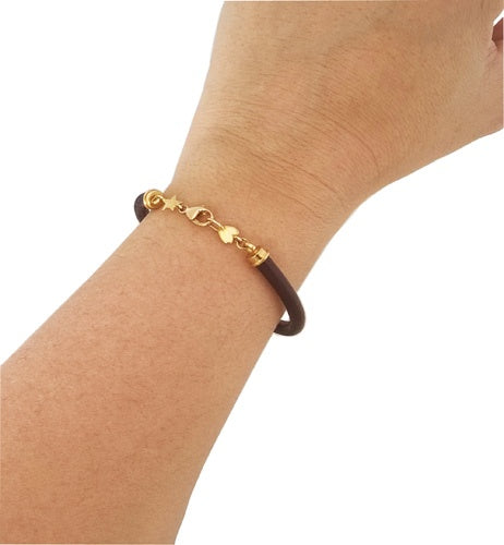 Bracelet cuir étoile et coeur or jaune 750