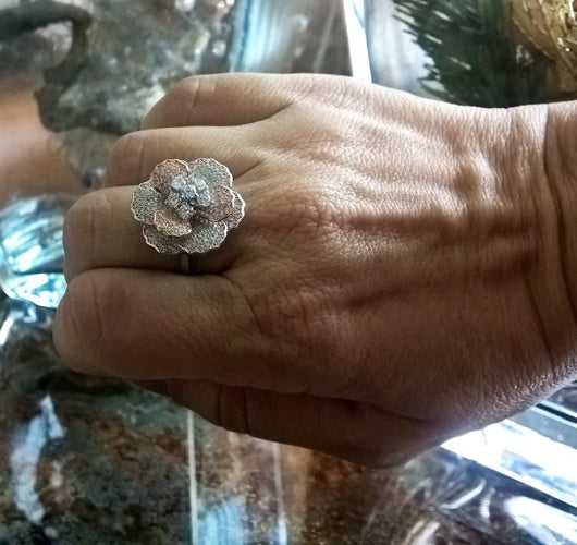 Bague Pétales zirconiums argent 925 et vermeil rose