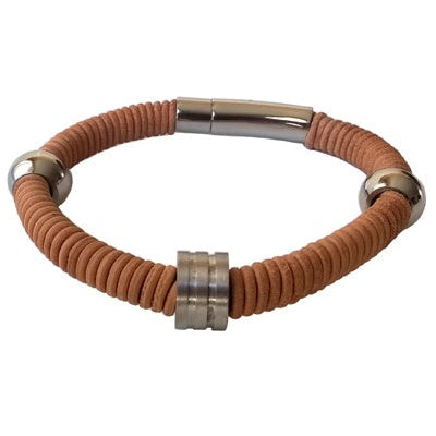 Bracelet homme acier et cuir marron clair