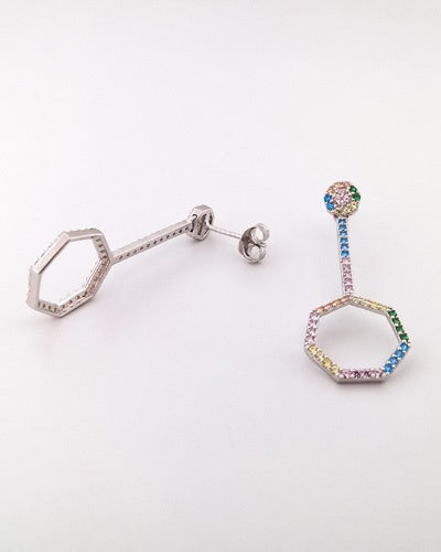 Boucles d'oreilles Hexagone zircons multicolores argent 925