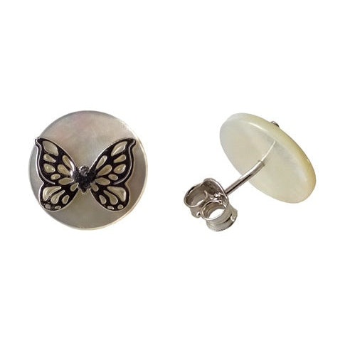 Boucles d'oreilles boutons Papillons nacre argent 925 rhodié