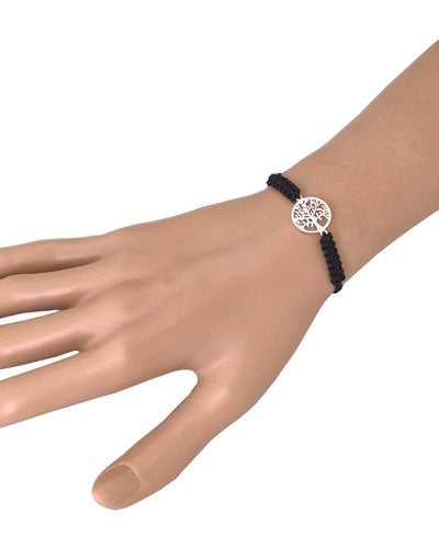 Bracelet Arbre de vie découpé argent 925 macramé noir