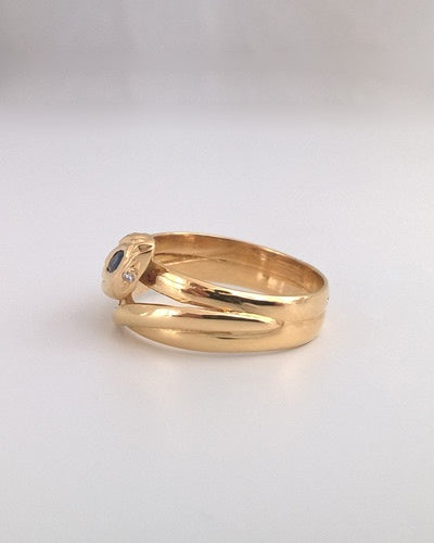 Bague serpent enroulé saphir navette diamants or jaune 750