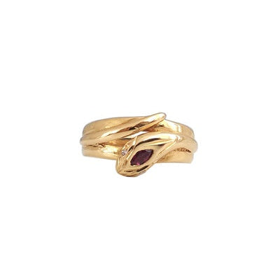 Bague serpent enroulé rubis navette diamants or jaune 750