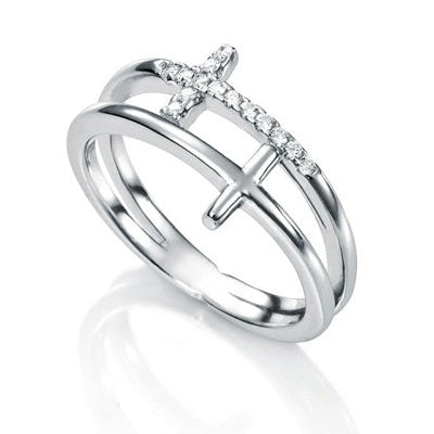 Bague double croix zirconiums argent 925 rhodié