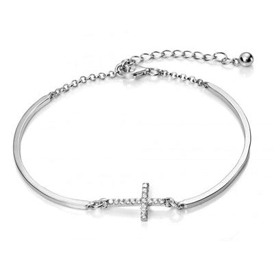Half-bangle bracelet with cross and cubic zirconia stones, 925 silver