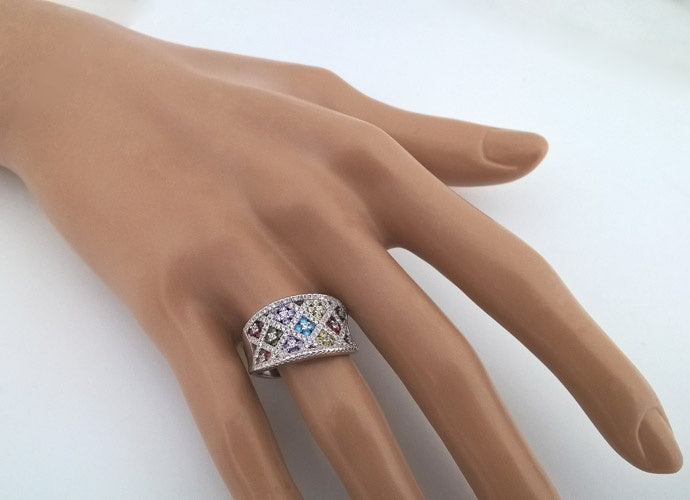 Bague incurvée zirconiums multicolores argent 925 rhodié