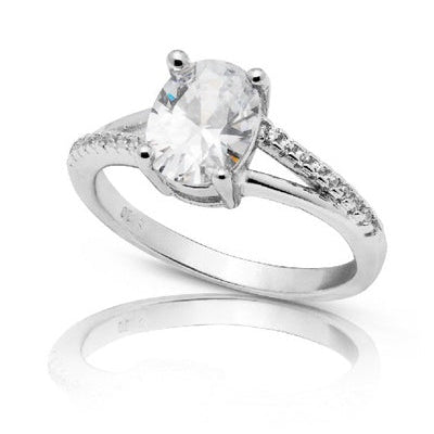 Bague solitaire ovale zirconiums argent 925 rhodié