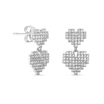 Boucles d'oreilles Pixels double coeur zirconiums argent