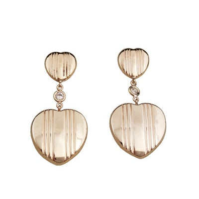 Boucles d'oreilles longues doubles coeurs zircon or jaune 750