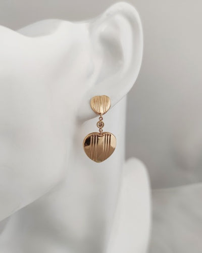 Boucles d'oreilles longues doubles coeurs zircon or jaune 750