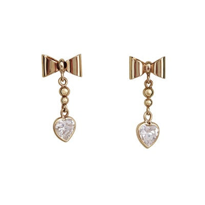 Boucles d'oreilles longues coeurs et noeuds zircon or jaune 750