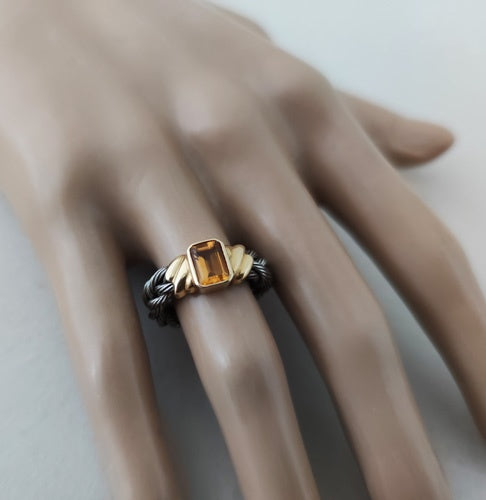 Bague citrine câble acier et or 750