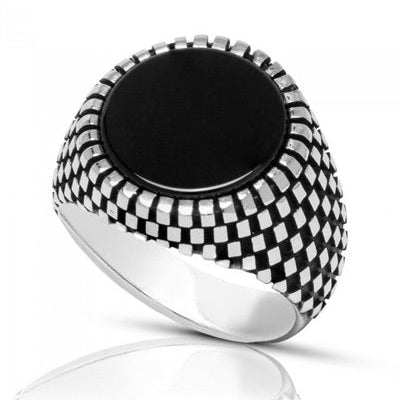 Chevalière homme onyx argent 925 vieilli