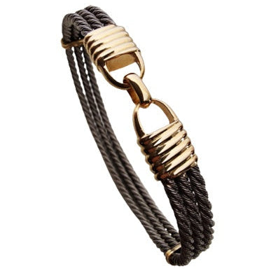 Bracelet homme godron 3 câbles acier et or 750