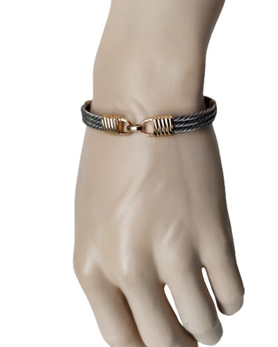 Bracelet homme godron 3 câbles acier et or 750