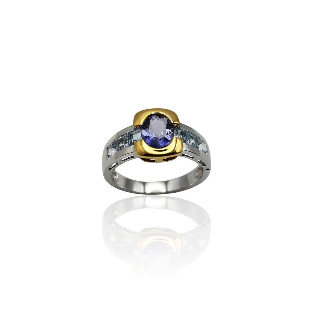 Bague iolite et aigues-marines carrées 2 ors 750