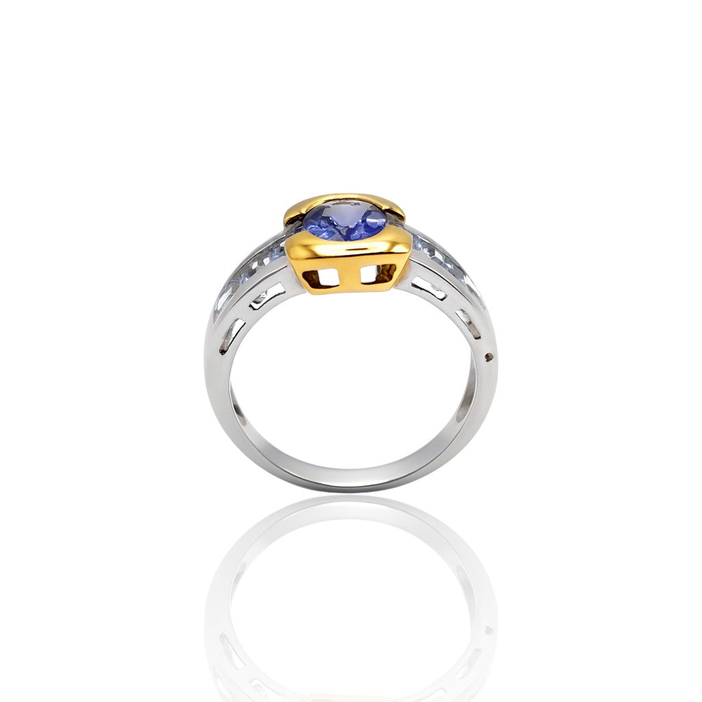 Bague iolite et aigues-marines carrées 2 ors 750