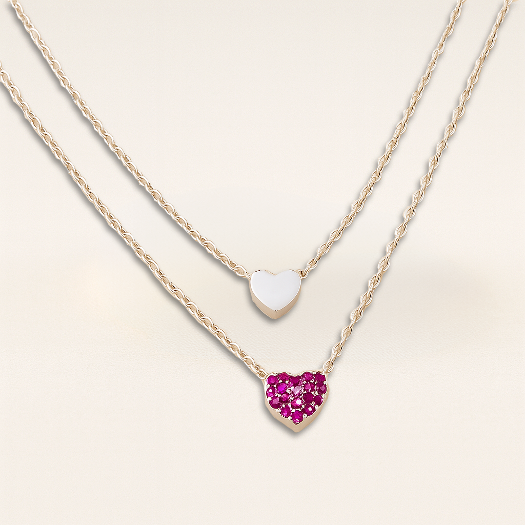 Collier double Coeur zirconiums roses argent 925 rhodié