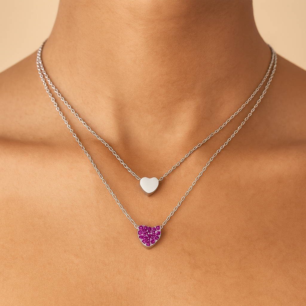 Collier double Coeur zirconiums roses argent 925 rhodié